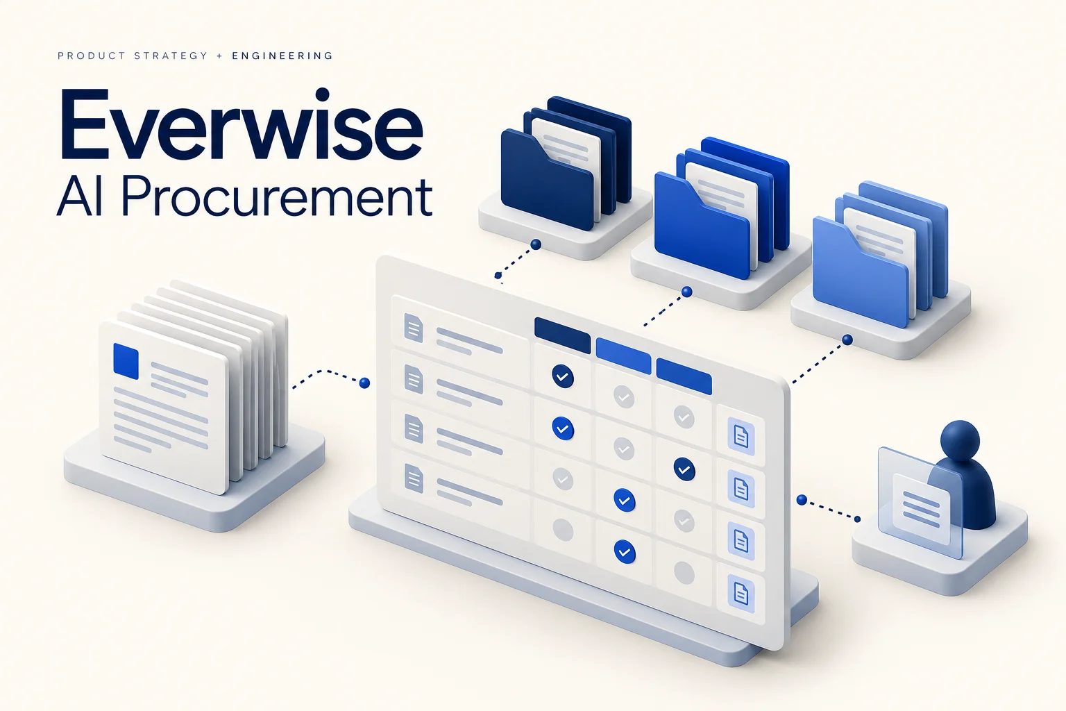 Concept illustration of supplier documents, evidence-linked bid evaluation and a human review checkpoint