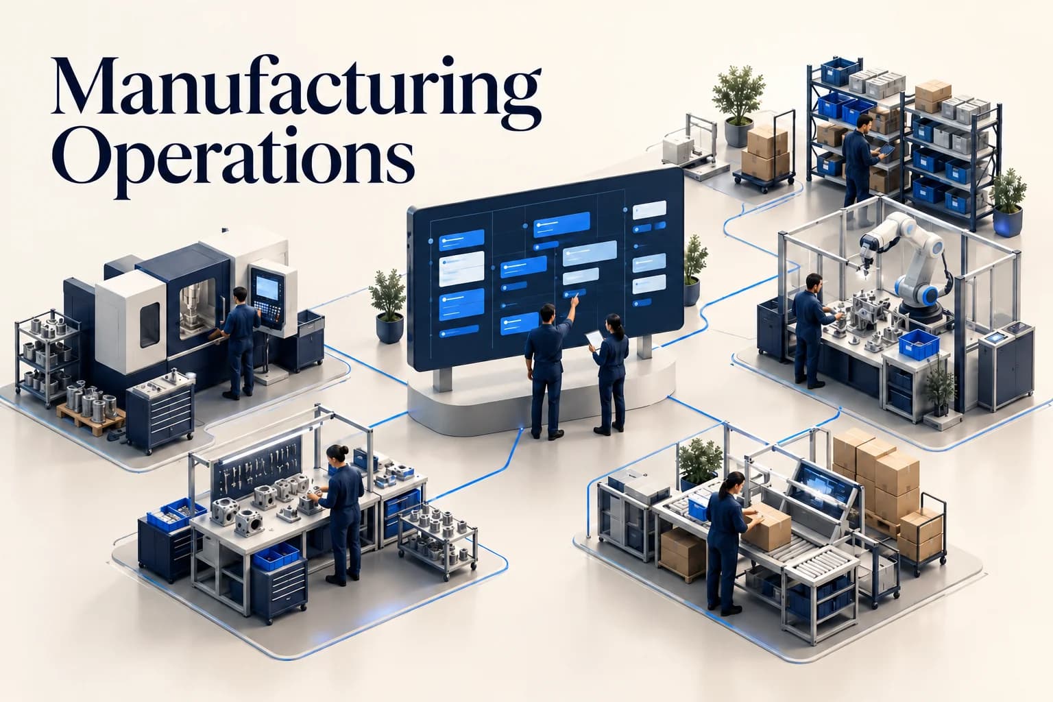 Concept illustration of a manufacturing operations workspace with linked planning and delivery modules