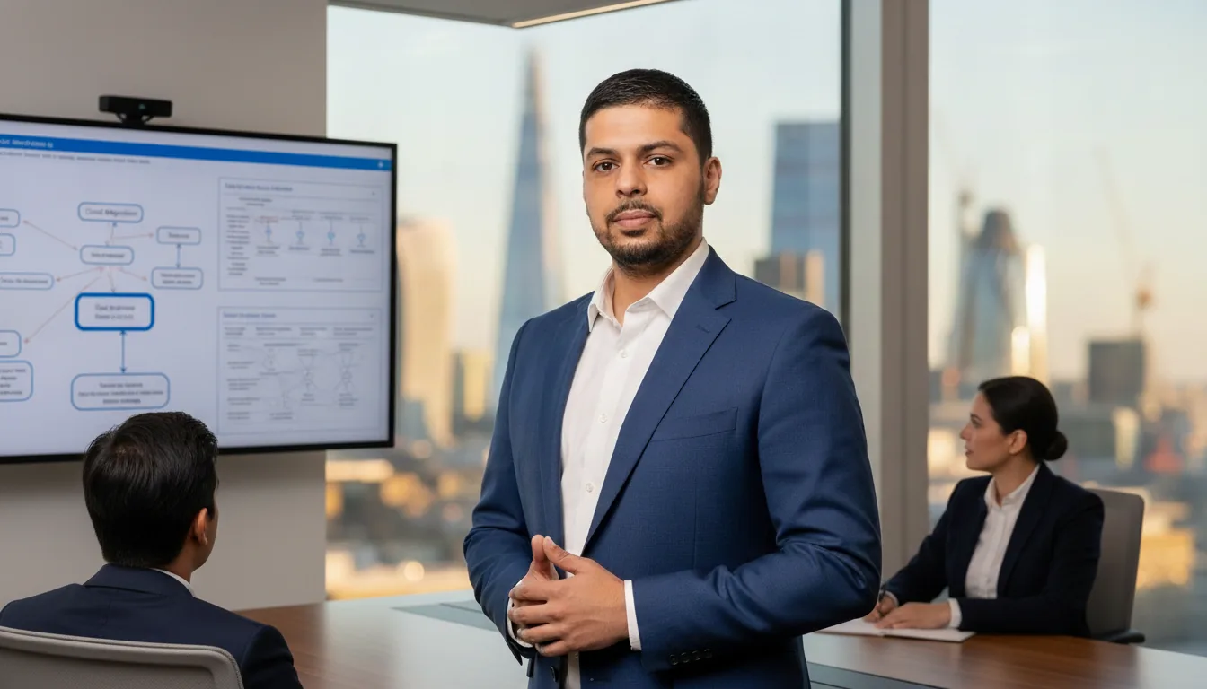 Mayur Kale, Fractional CTO, presenting a technology roadmap in a London boardroom