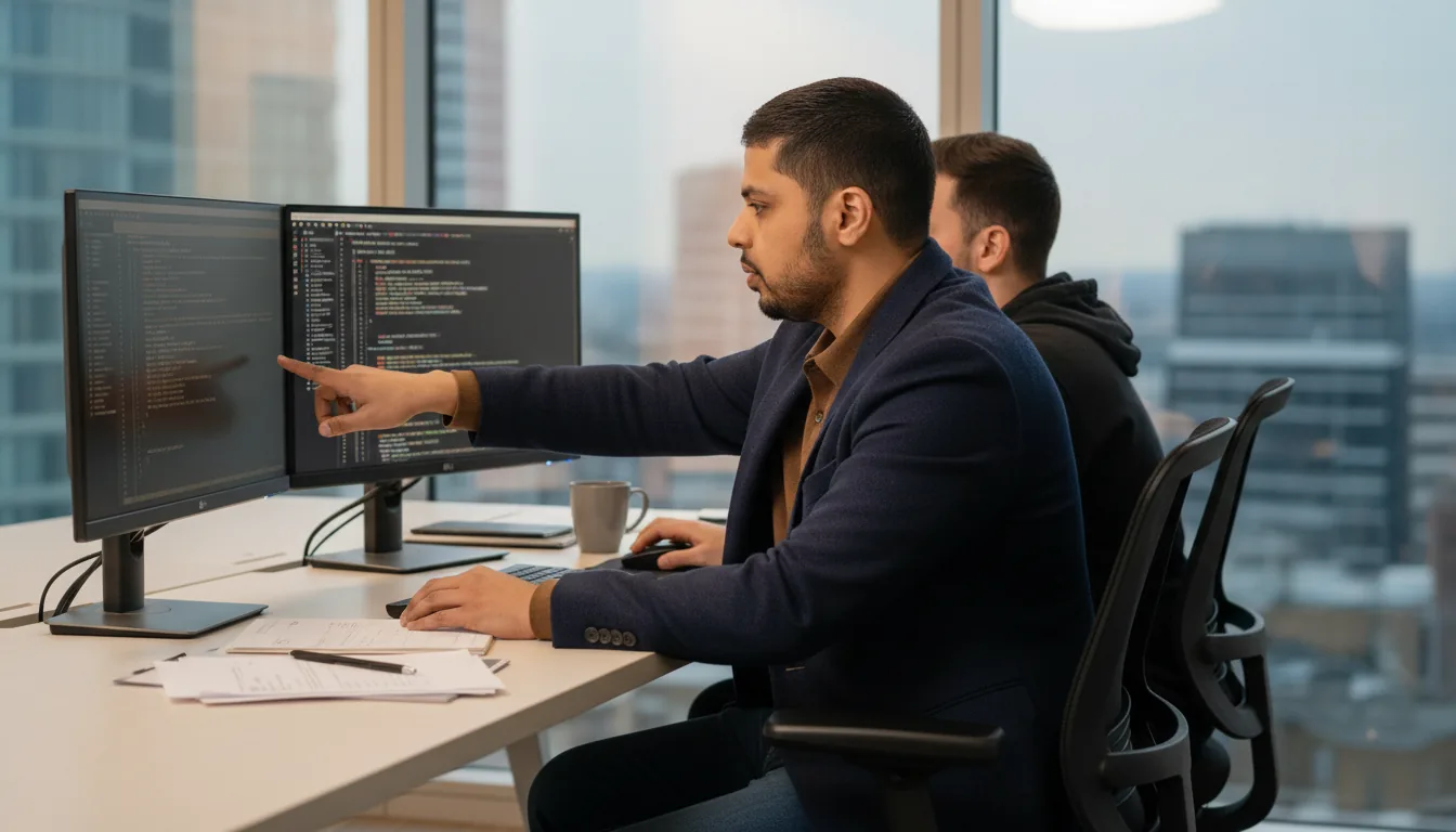 Mayur Kale reviewing code with a developer at a startup office