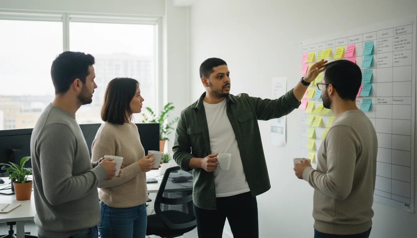 Mayur Kale leading a team standup at the whiteboard